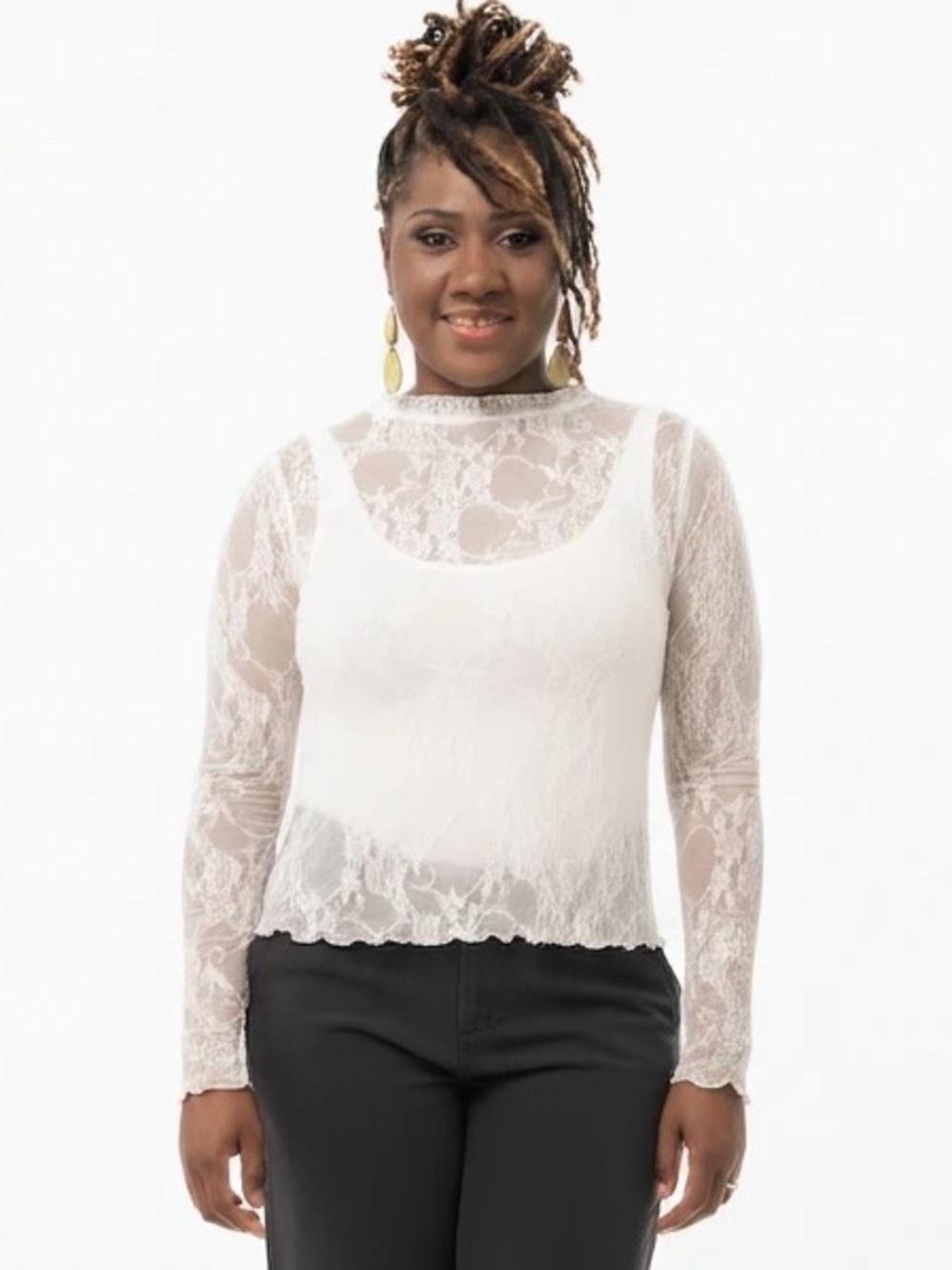 White Lace Layered Long-Sleeve Camisole Top
